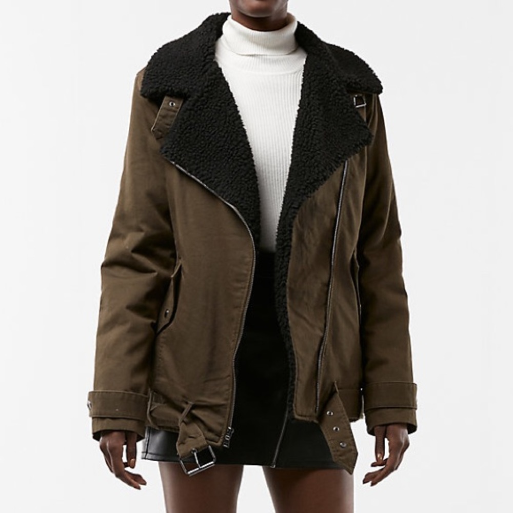 Twill faux fur moto jacket
